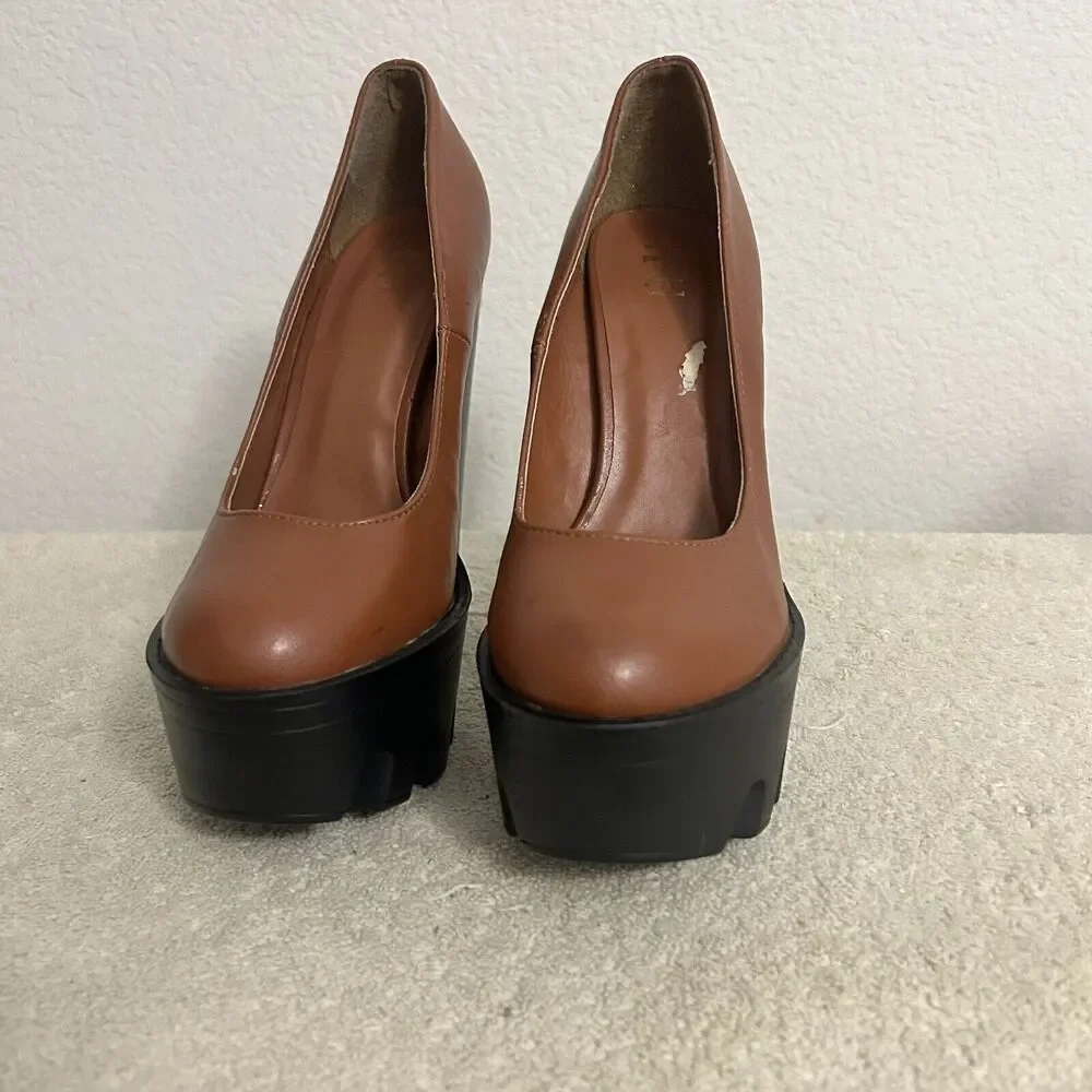 HRH Women's Platform Block High Heels Chunky Shoes Brown and Black Size 6 1/2